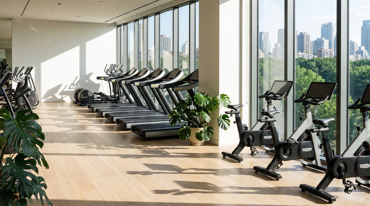Bright, sunlit cardio floor of a club with a city view