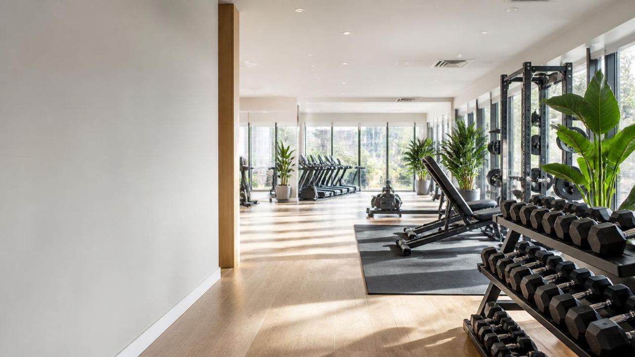 Club de fitness lumineux et équipé : cardio, haltères et espace de musculation