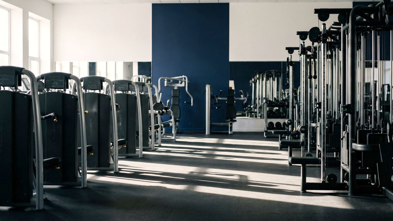 Strength floor of a club, with selectorised machines in daylight