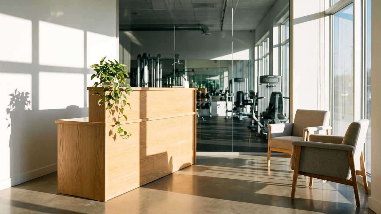 Warm reception area of an independent fitness club