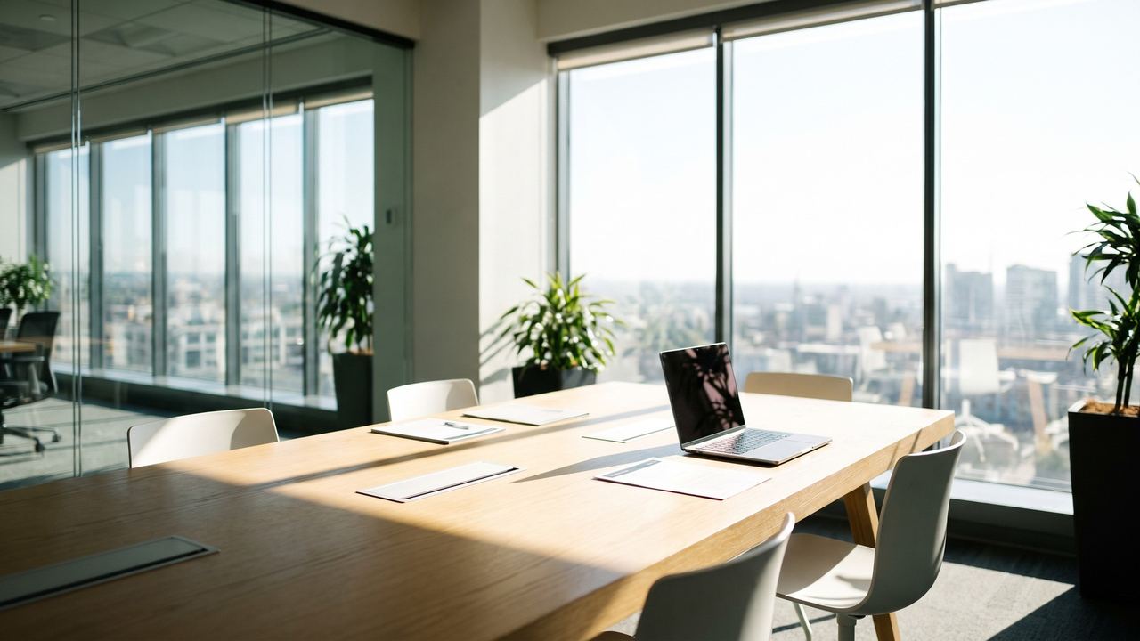 Bright meeting room with a city view