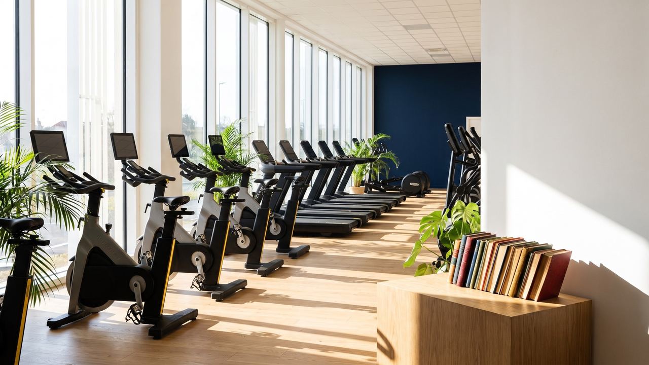 Plateau cardio lumineux, vélos et tapis de course face aux baies vitrées