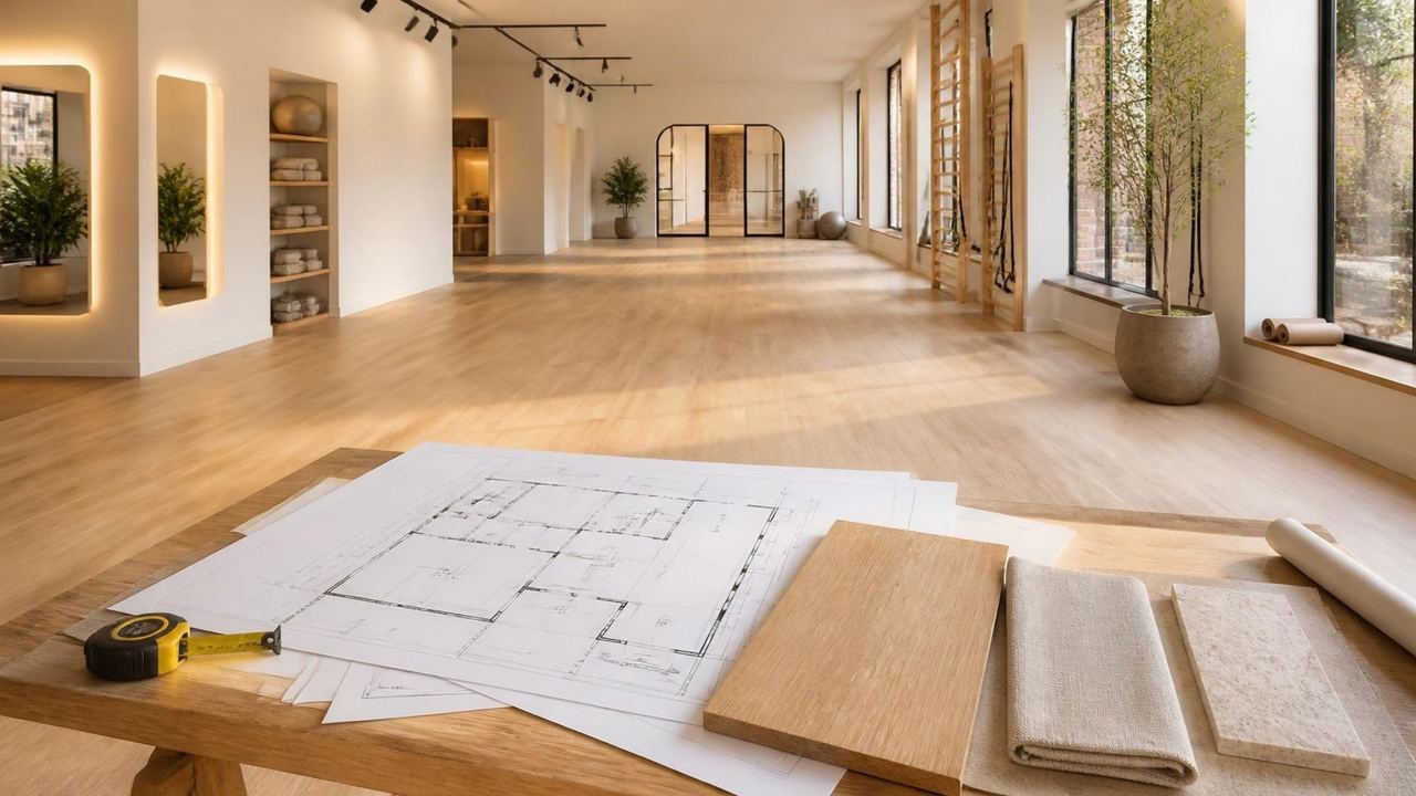 Plans d’architecte et échantillons de matériaux dans un studio en aménagement