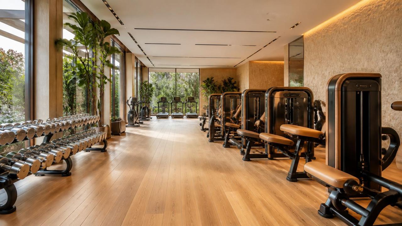 Strength floor of a premium club, oak flooring and stone wall