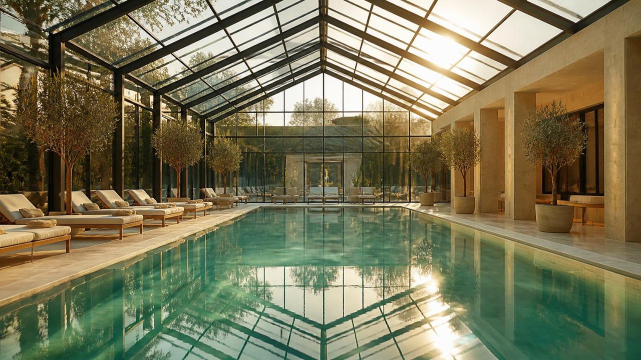 Indoor pool and spa under a glass roof