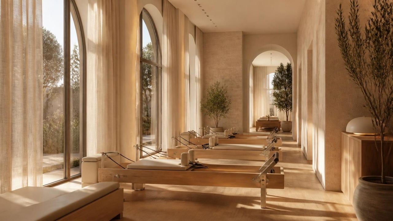 Pilates studio with wooden reformers under tall arches